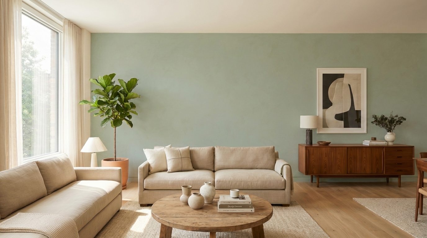 Living room with a Sage accent wall